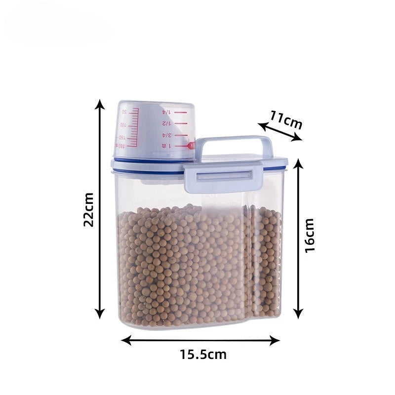 Prime Deal Zone Freshness Lock Tank pet food storage container with measuring cup, 2kg capacity, airtight for keeping pet food fresh.