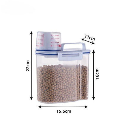 Prime Deal Zone Freshness Lock Tank pet food storage container with measuring cup, 2kg capacity, airtight for keeping pet food fresh.