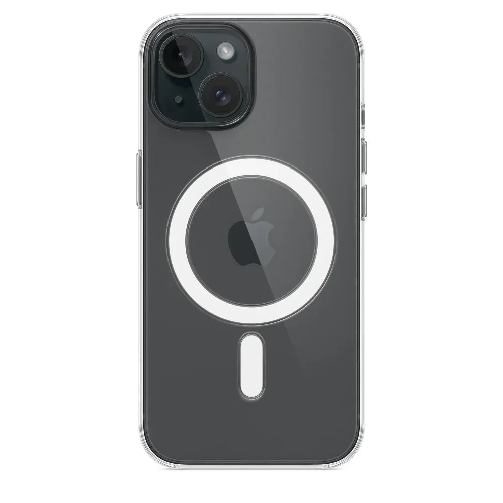 Transparent silicone magnetic iPhone case for models 11 to 17, featuring Magsafe compatibility and sleek design.