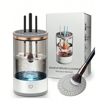 Electric makeup brush cleaner machine by Prime Deal Zone showing a compact device with cleaning brushes and a digital control panel.