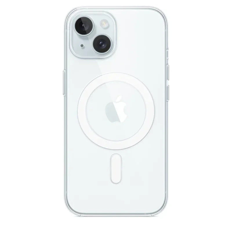 Clear silicone magnetic case for iPhone 11 to 17, showing the transparent design and magnetic edges for Magsafe compatibility.