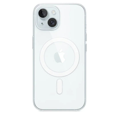 Clear silicone magnetic case for iPhone 11 to 17, showing the transparent design and magnetic edges for Magsafe compatibility.