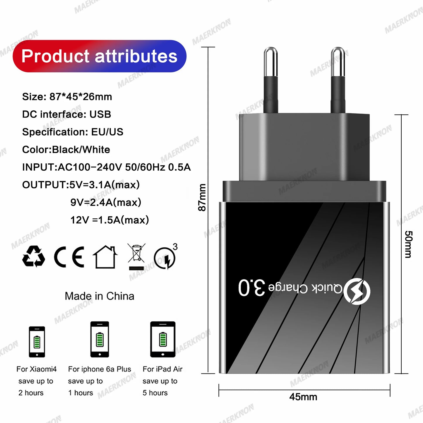 Prime Deal Zone 3A USB charger with 4 ports and Quick Charge 3.0, EU and US plug for fast charging iPhone, Samsung, Xiaomi, and Poco phones.
