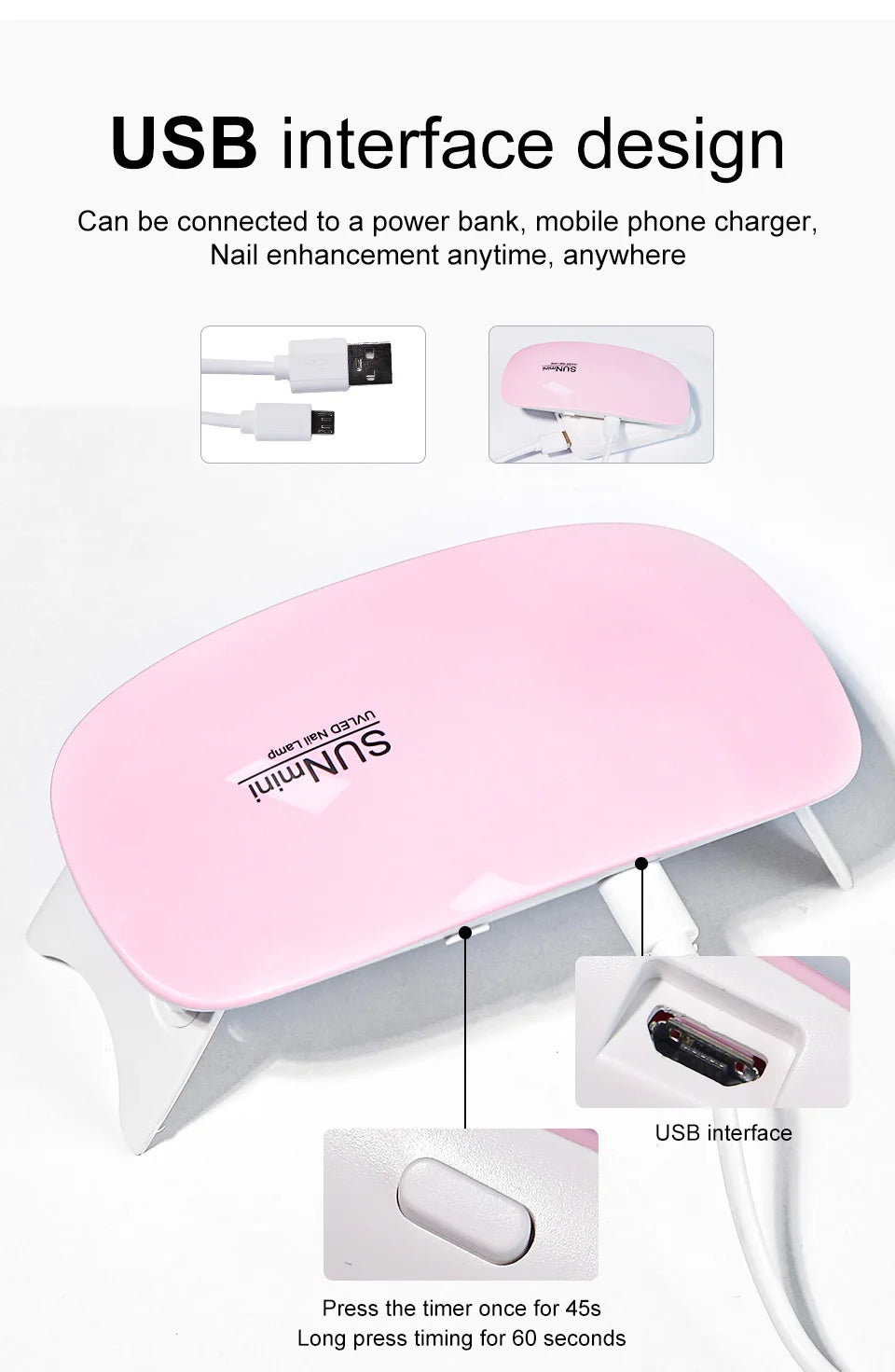 Prime Deal Zone 6W mini nail dryer with 6 LED UV lamps for quick polish drying, portable design with USB cable for home use.
