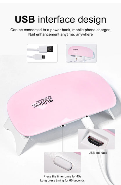 Prime Deal Zone 6W mini nail dryer with 6 LED UV lamps for quick polish drying, portable design with USB cable for home use.