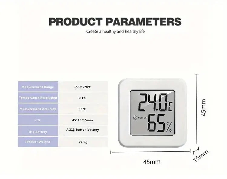 Indoor mini temperature and humidity meter by Prime Deal Zone with digital display, showing current room temperature and humidity levels.
