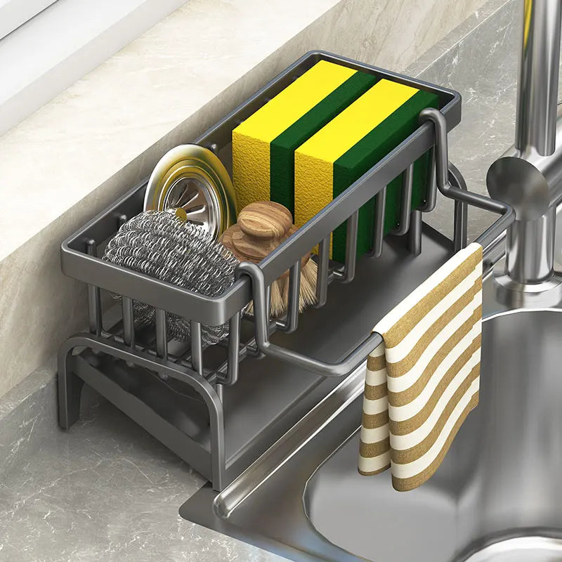 Prime Deal Zone kitchen shelf cleaning cloth storage rack with sponge holder and water sink drainage for household dish drying.