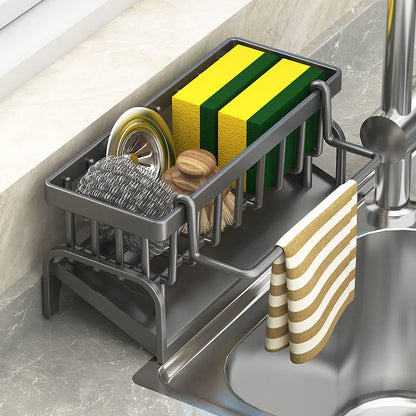 Prime Deal Zone kitchen shelf cleaning cloth storage rack with sponge holder and water sink drainage for household dish drying.