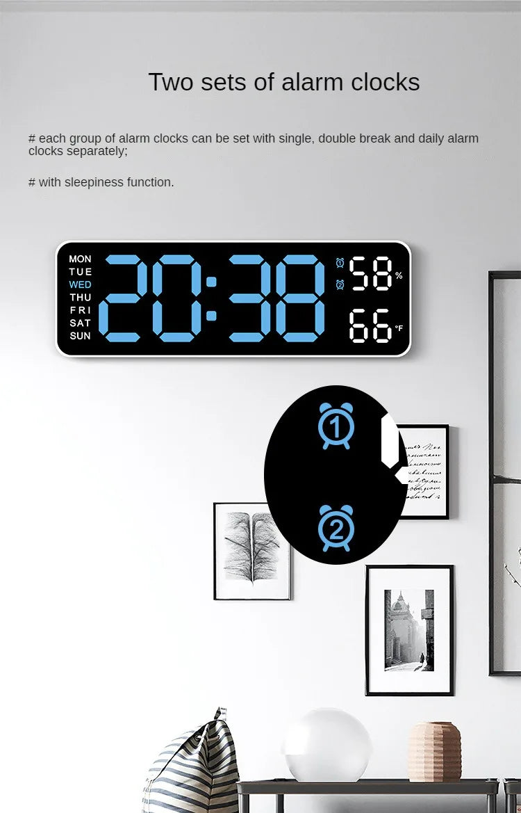 Large digital wall clock showing temperature, humidity, date, and time with adjustable brightness and alarm features by Prime Deal Zone.