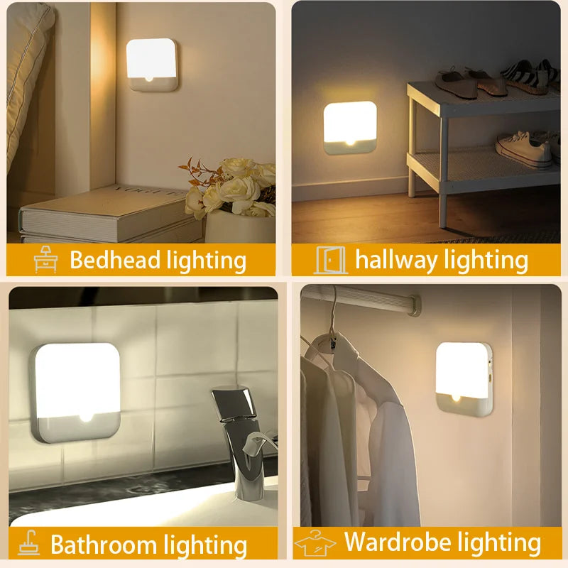 Prime Deal Zone motion sensor LED square light with USB-C charging, ideal for bedroom, kitchen, stairs, hallway, wardrobe, and night lighting.