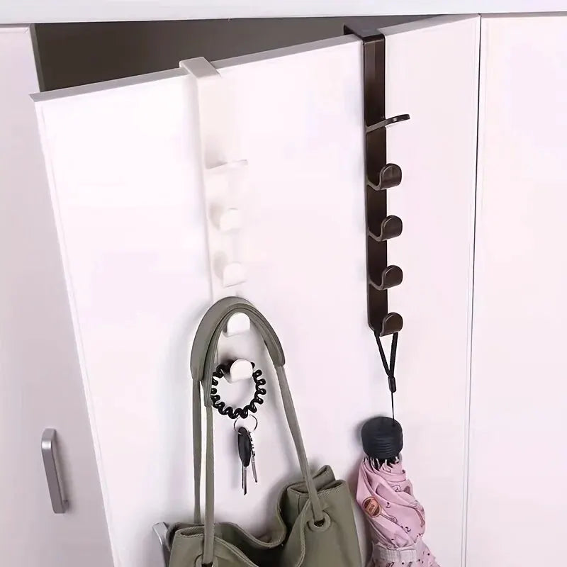 Prime Deal Zone plastic door hanger with hooks for hanging clothes, purses, and bags in bedroom or home storage organization.