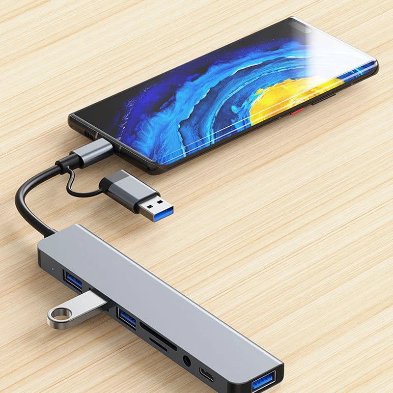 Prime Deal Zone 8-in-2 USB and Type C hub with 3.5mm audio jack, micro SD card reader, and disk converter for laptops and tablets.