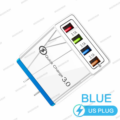 Prime Deal Zone 3A USB charger with 4 ports and Quick Charge 3.0 EU US plug for fast charging iPhone, Samsung, Xiaomi, and Poco phones.