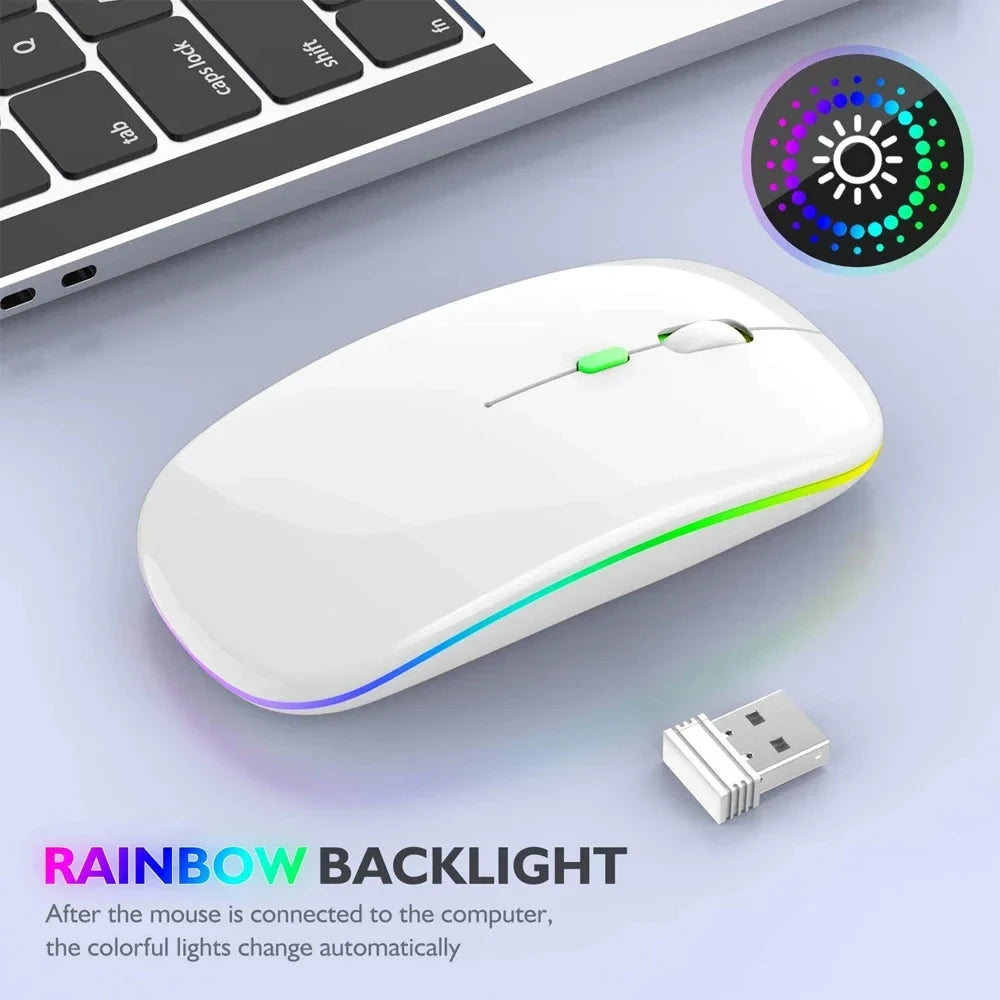 Prime Deal Zone wireless rechargeable silent LED backlit optical mouse for PC and laptop with Bluetooth and 2.4Ghz receiver.