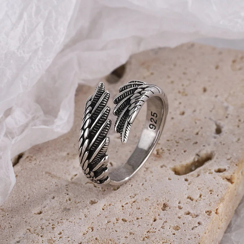 925 sterling silver angel wing and feather adjustable ring - view 3