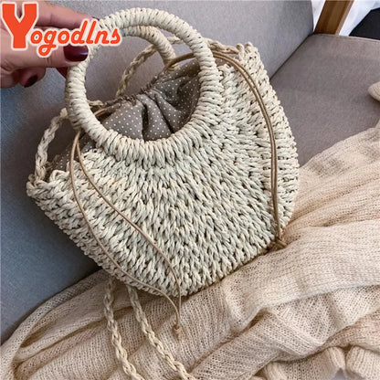 Handmade half-round rattan straw bag for women, summer beach crossbody bag with woven design and small size.