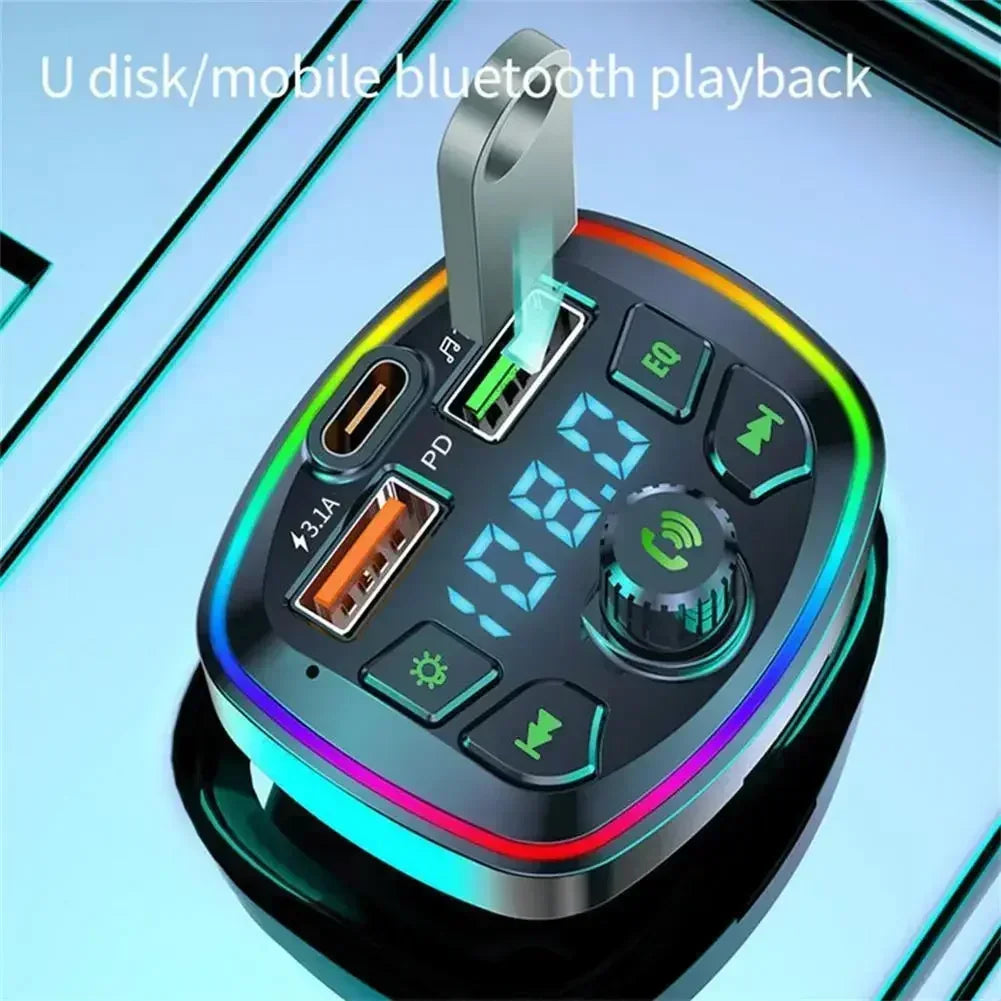 Prime Deal Zone Q7 Car Bluetooth FM Transmitter with dual USB PD charging, hands-free calling, and MP3 playback in a vehicle.