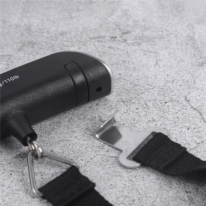 Digital portable luggage scale with LCD display showing 50kg weight, ideal for travel baggage and suitcase weighing by Prime Deal Zone.