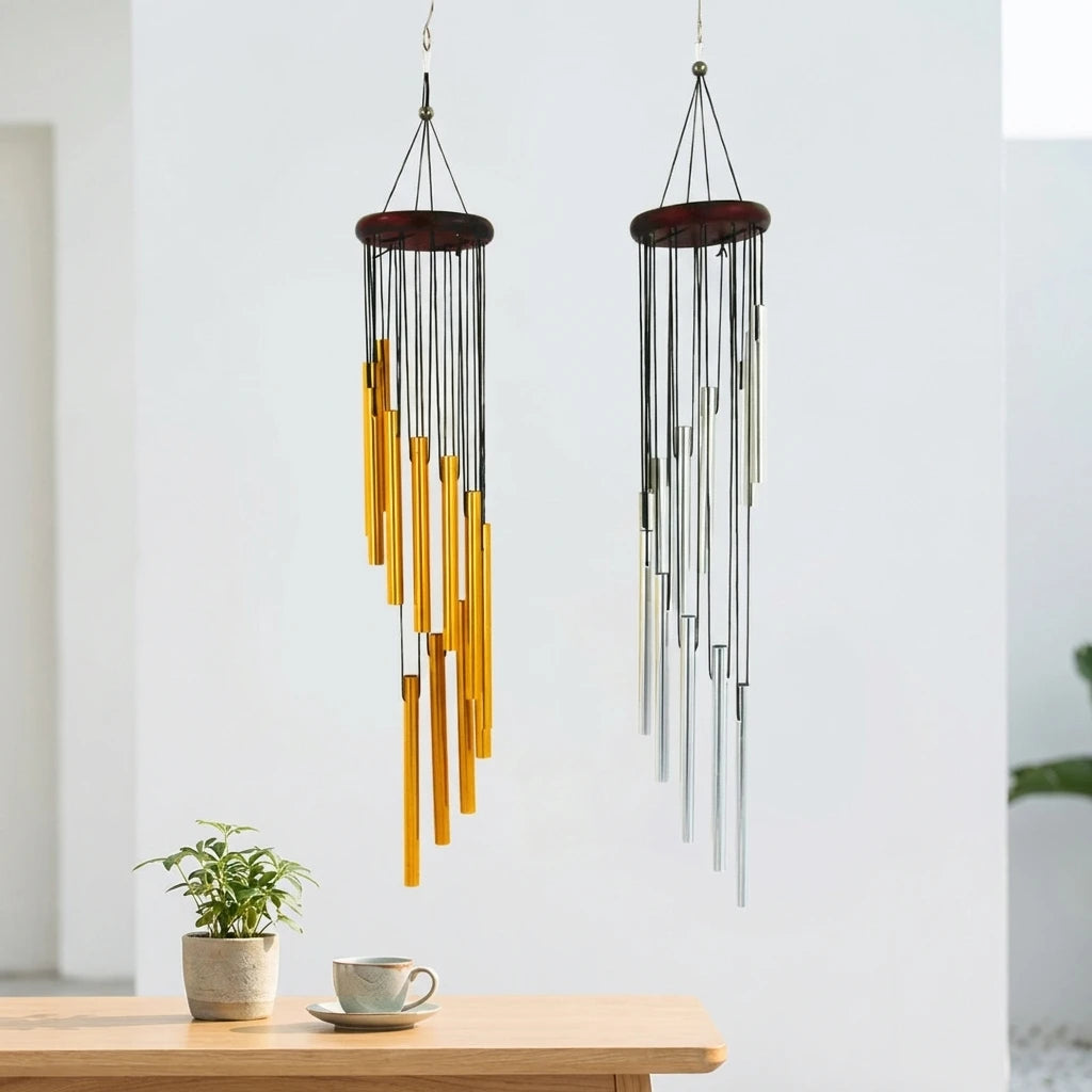 Gold and silver aluminum alloy wind chimes set with 12 tubes, hanging on a hook, ideal for outdoor home or wedding decoration.