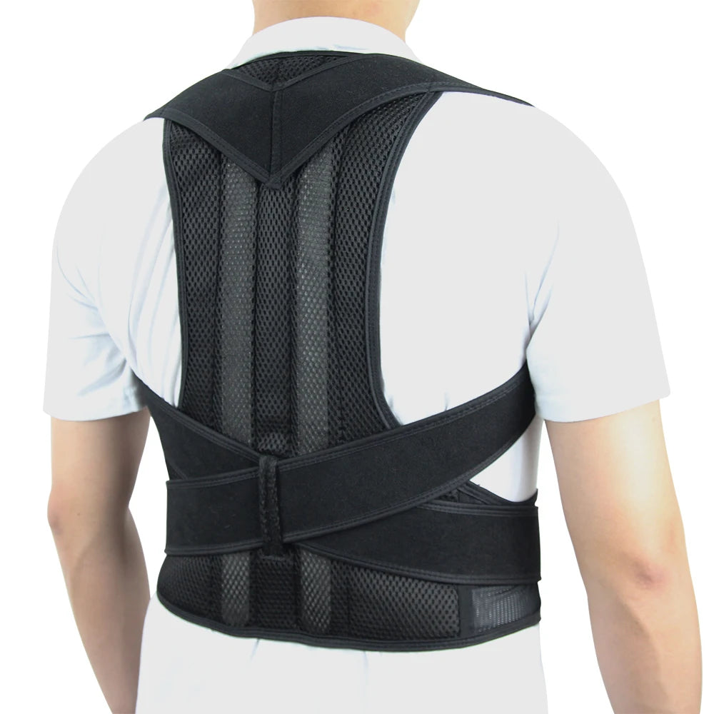 Adjustable back posture corrector and spine support brace for men and women, shown in black with adjustable straps.