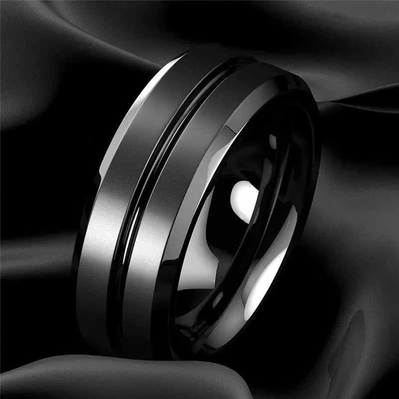 stainless steel 8mm black matte groove wedding band - view 11
