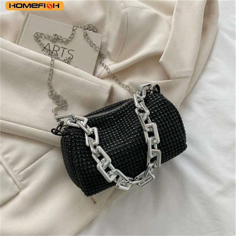Homefish Allover RhiHOMEFISH nestone bucket bag with glitter chain, mini crossbody purse for women, stylish and compact accessory.