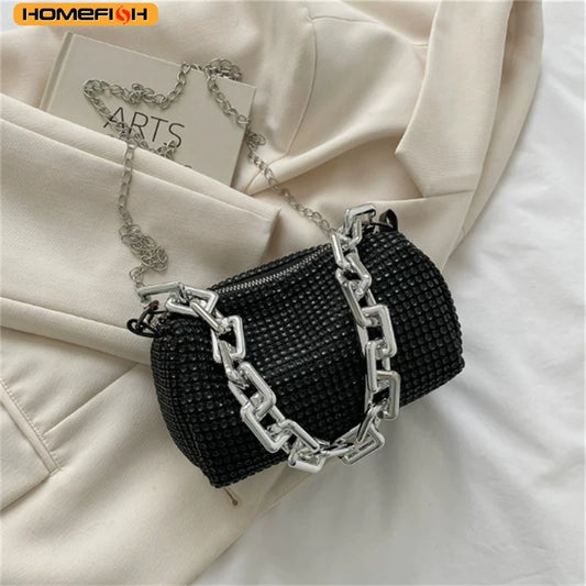 Homefish Allover RhiHOMEFISH nestone bucket bag with glitter chain, mini crossbody purse for women, stylish and compact accessory.