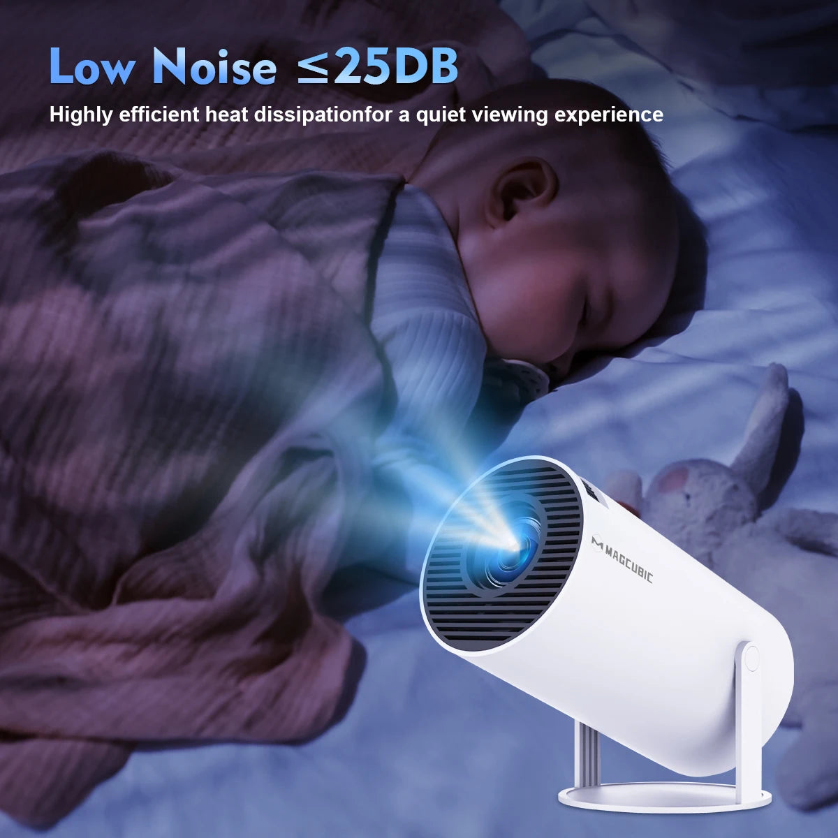 Prime Deal Zone Magcubic HY300 Pro smart projector showing a colorful 8K image on a wall with dual WiFi6 and Bluetooth 5.4 connectivity.