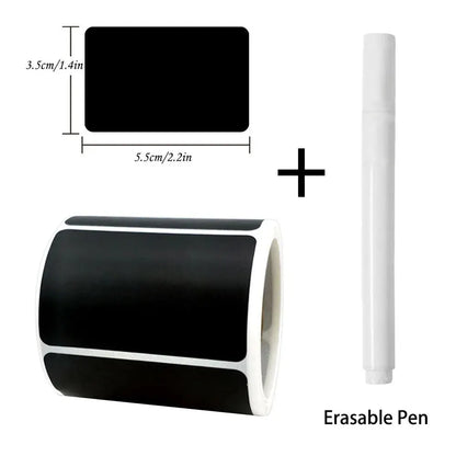 Set of 120 removable blackboard stickers with erasable pen, waterproof chalkboard labels in three styles, 1.4x2.2 inches for home and kitchen.