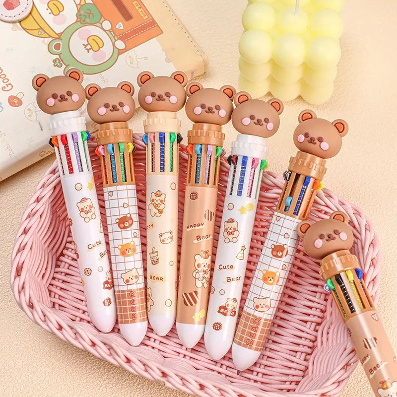 Prime Deal Zone 10-color cute bear cartoon ballpoint pen, multicolor stationery pen ideal for students and office use.