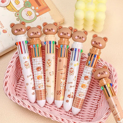 Prime Deal Zone 10-color cute bear cartoon ballpoint pen, multicolor stationery pen ideal for students and office use.