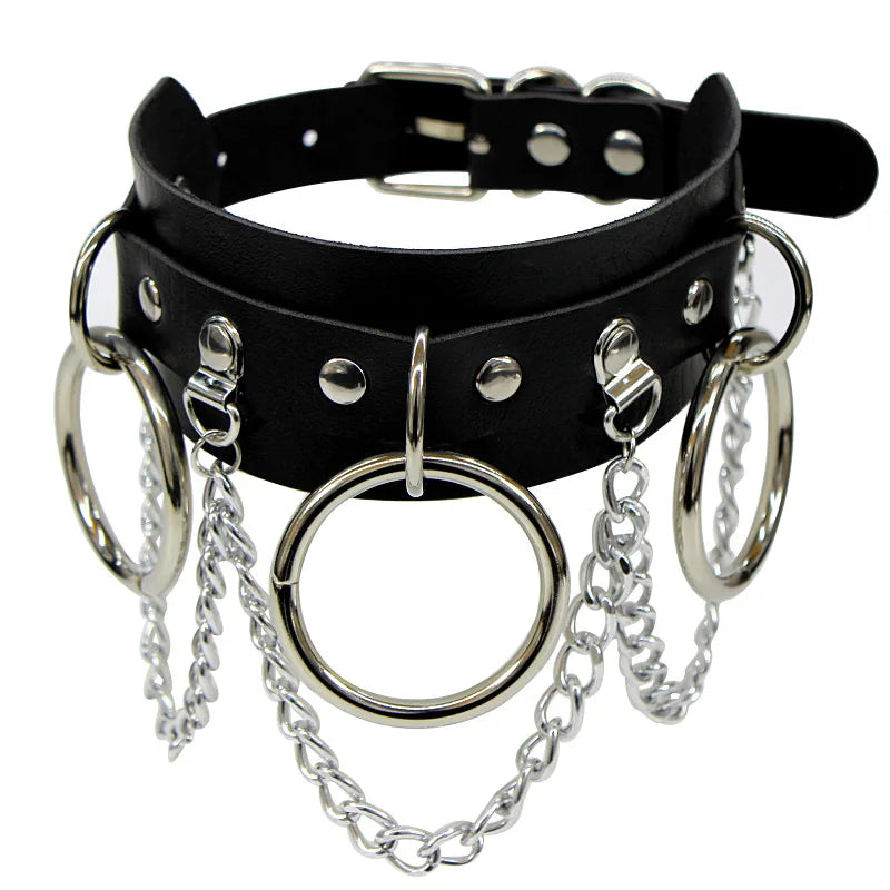 black PU leather punk choker collar necklace, rivet detail - view 2
