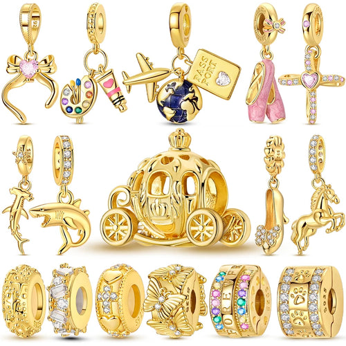 925 sterling silver gold-tone charm beads, crosses and bows - view 1
