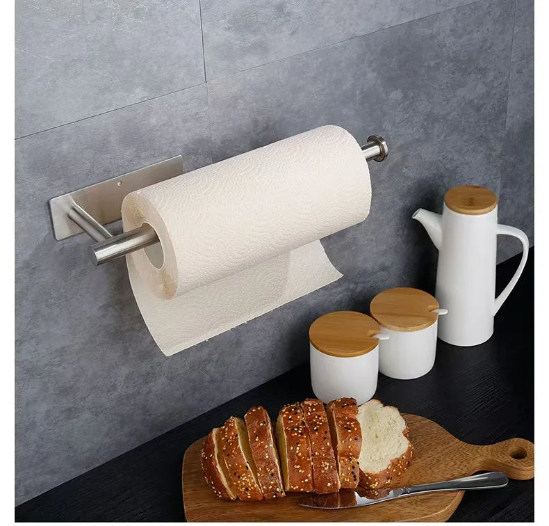 Prime Deal Zone kitchen paper towel holder with adhesive tissue hanger and bathroom toilet roll paper dispenser on a cabinet.