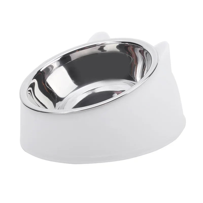 Stainless steel cat and dog feeding bowl with inclined design for easy eating, ideal for kittens, puppies, and small pets.