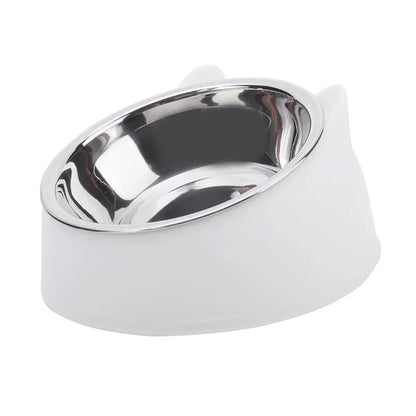 Stainless steel cat and dog feeding bowl with inclined design for easy eating, ideal for kittens, puppies, and small pets.