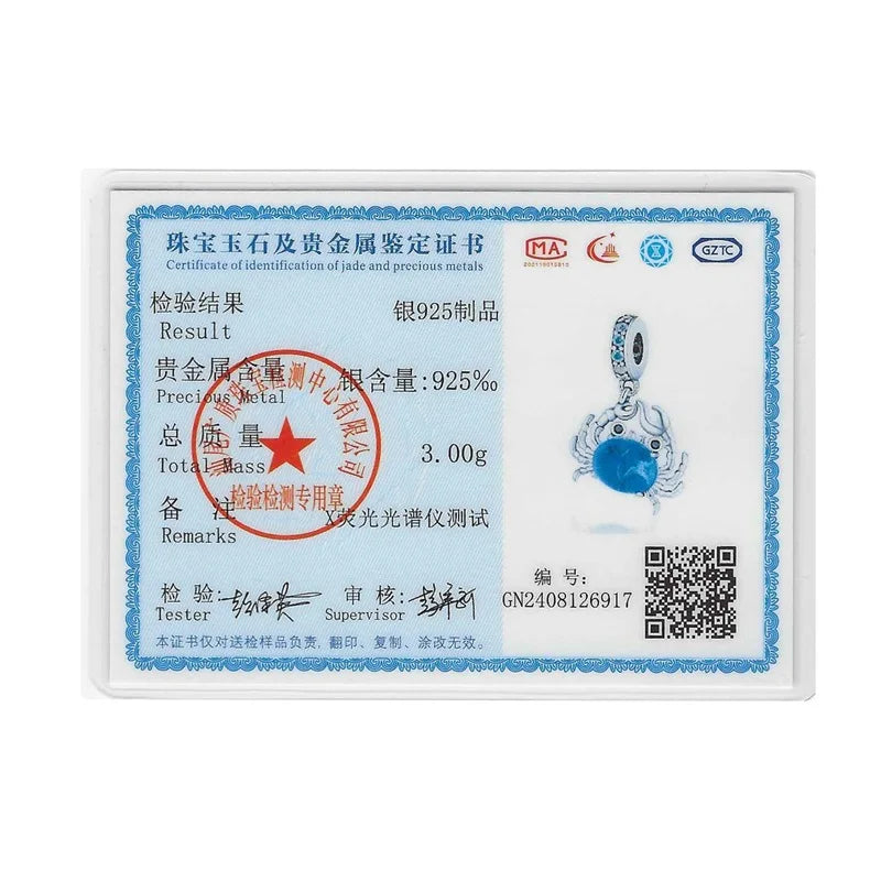 925 Sterling Silver Blue Crab Charm with Zircon