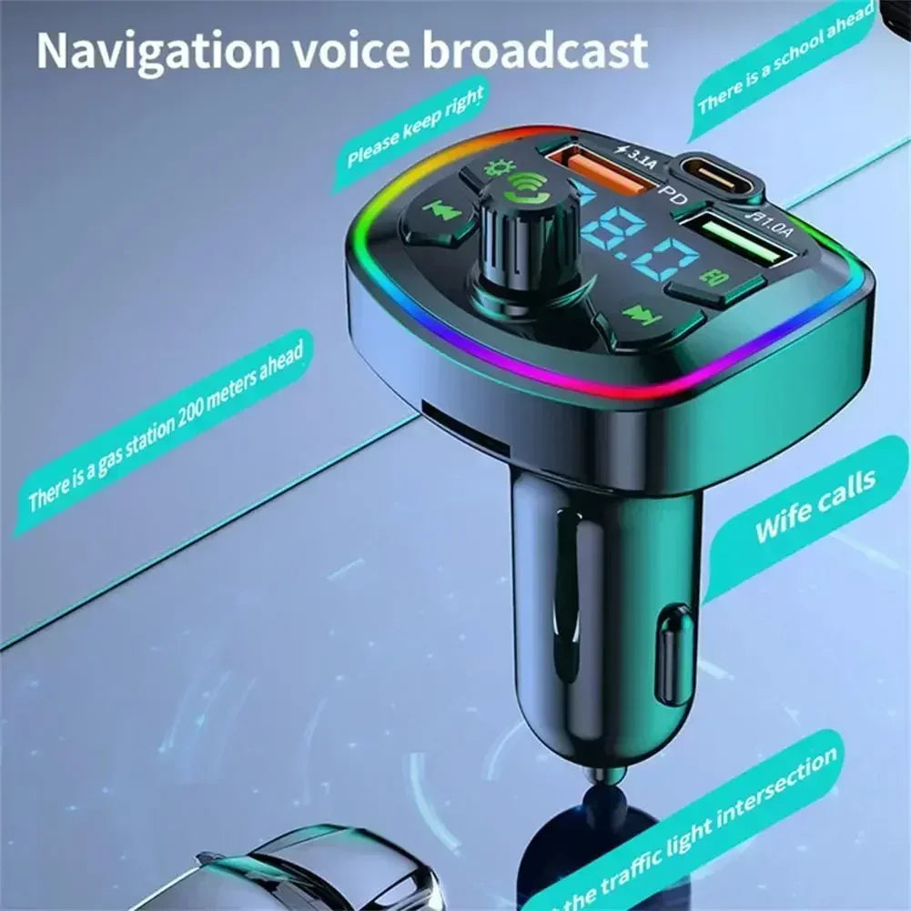 Prime Deal Zone Q7 Car Bluetooth FM Transmitter with dual USB PD charging, hands-free calling, and MP3 playback in a vehicle.