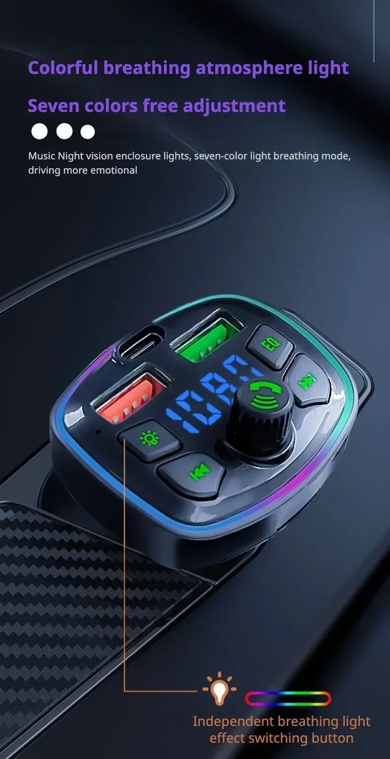 Prime Deal Zone Q7 Car Bluetooth FM Transmitter with dual USB PD charging, hands-free calling, and MP3 playback in a car environment.