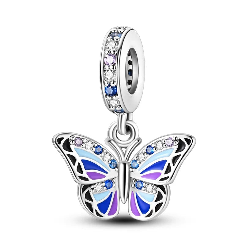 925 Silver-Plated Butterfly Charm Beads, Multicolour