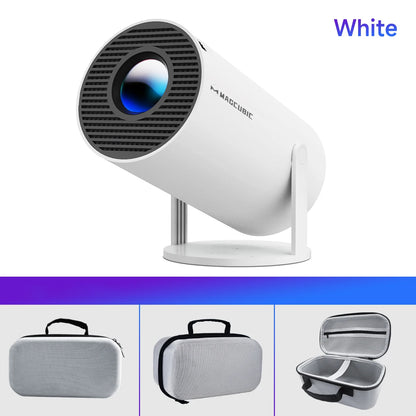 Magcubic HY300 Pro smart projector showing a vibrant 8K image on a wall with dual WiFi6 and Bluetooth 5.4 connectivity.