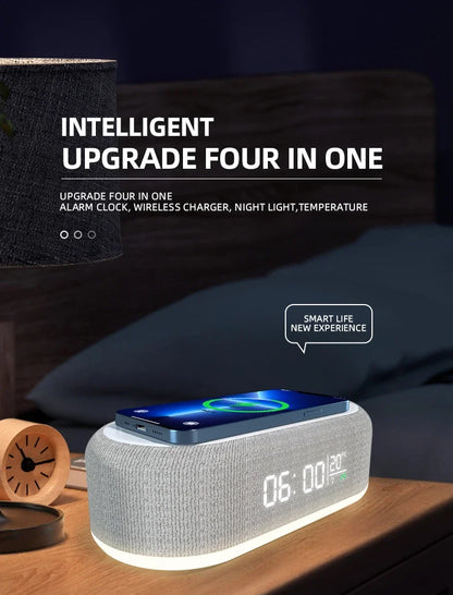Wireless alarm clock with phone charger, bedside lamp, night light, and thermometer for iPhone models, by Prime Deal Zone.