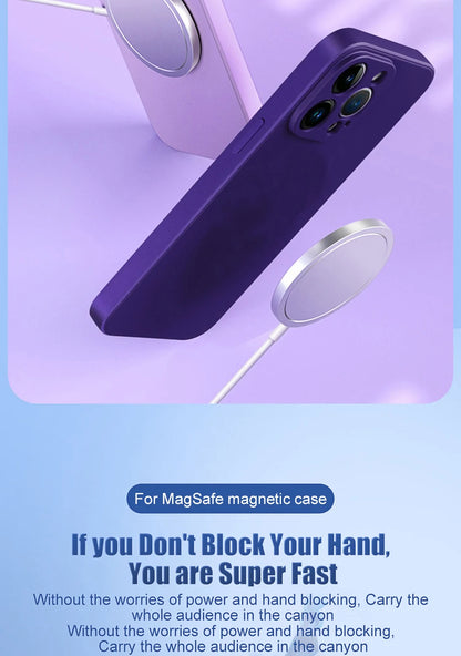 Liquid silicone MagSafe magnetic case for iPhone 11 to 15, wireless charging compatible, in various colors.