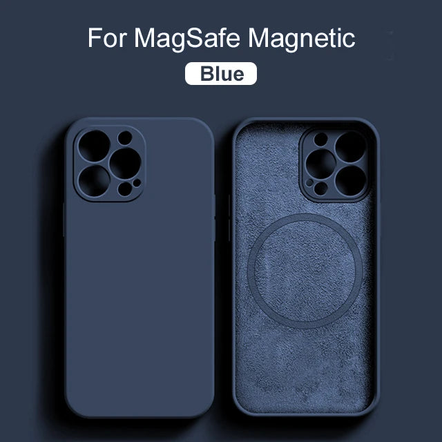 Liquid silicone Magsafe magnetic case for iPhone 15 to 8 Plus, wireless charging compatible, in sleek black for Prime Deal Zone.