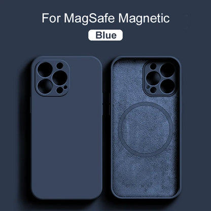 Liquid silicone Magsafe magnetic case for iPhone 15 to 8 Plus, wireless charging compatible, in sleek black for Prime Deal Zone.