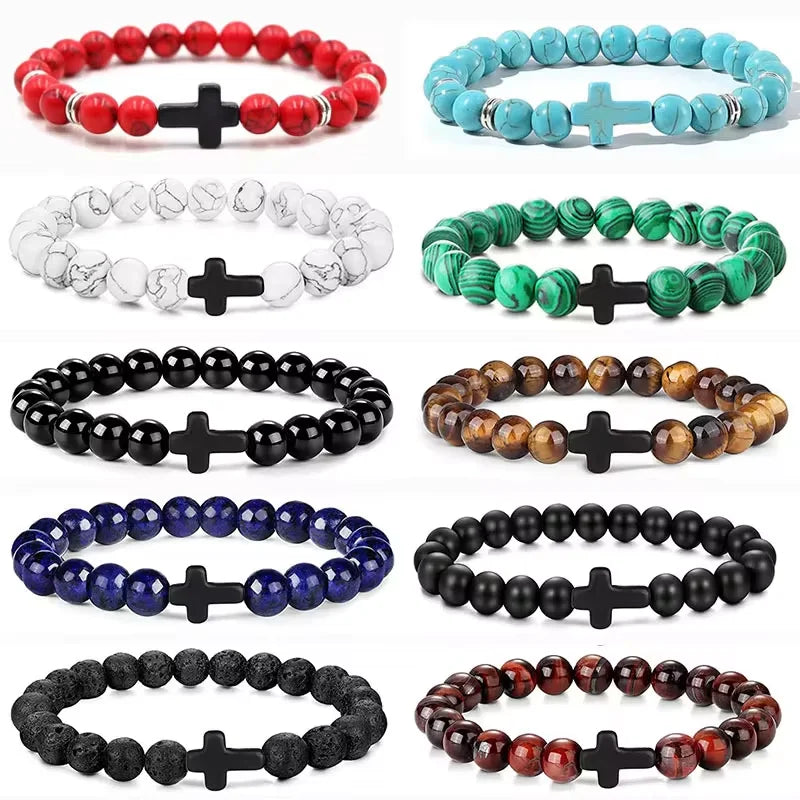 natural stone prayer bead bracelet, rosary cross - view 1