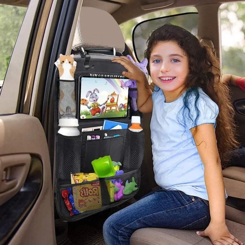Multifunctional car seat organizer by Prime Deal Zone with multiple pockets, tablet holder, made of durable Oxford fabric for kids' car back seat.
