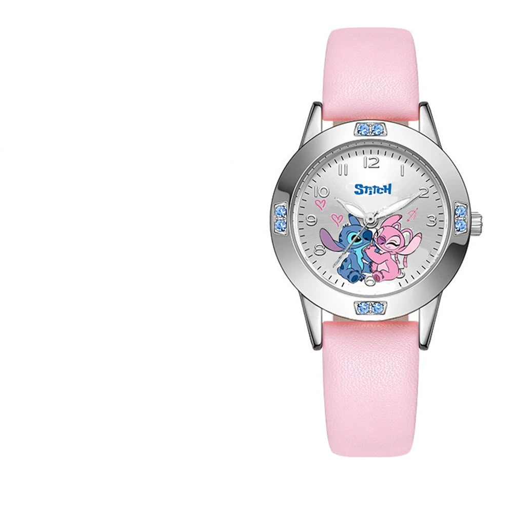 Disney Stitch girl's leather wristwatch with cartoon Stitch design, diamond accents, quartz movement, steel belt, suitable for women.