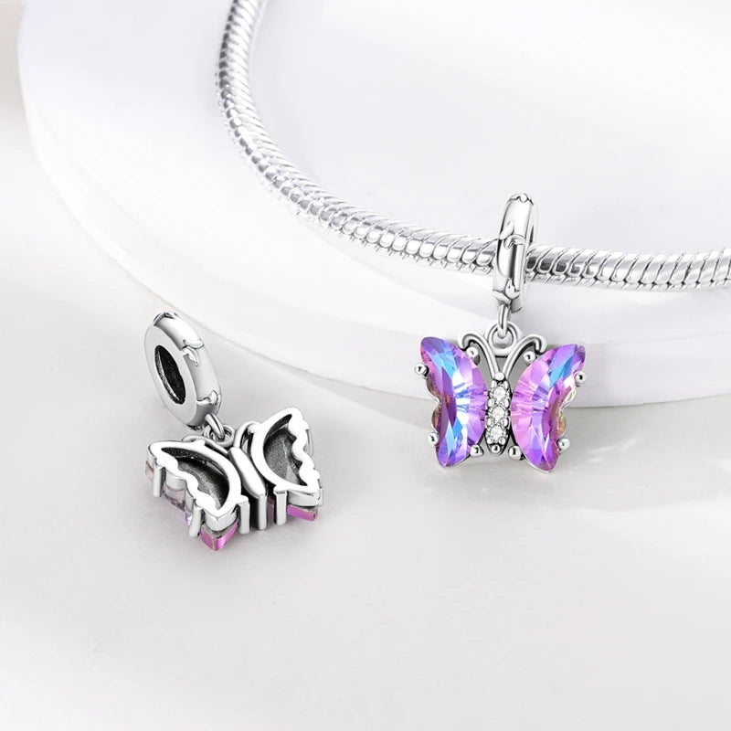 925 Silver-Plated Butterfly Charm Beads, Multicolour