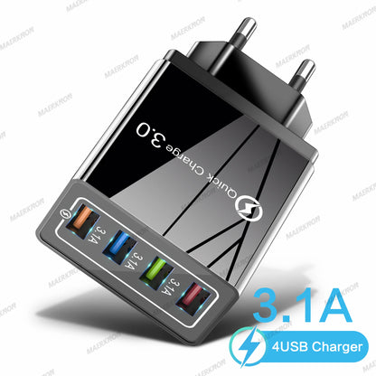 Prime Deal Zone 3A USB charger with 4 ports and Quick Charge 3.0 EU US plug for iPhone, Samsung, Xiaomi, and Poco smartphones.